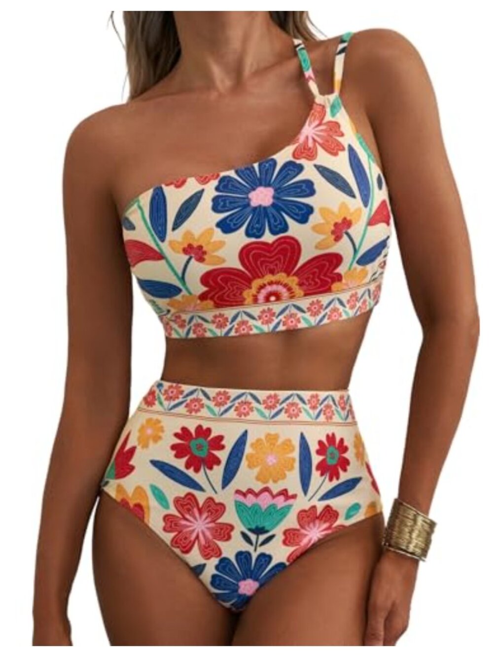 High Waisted Floral One Shoulder Bikini Set